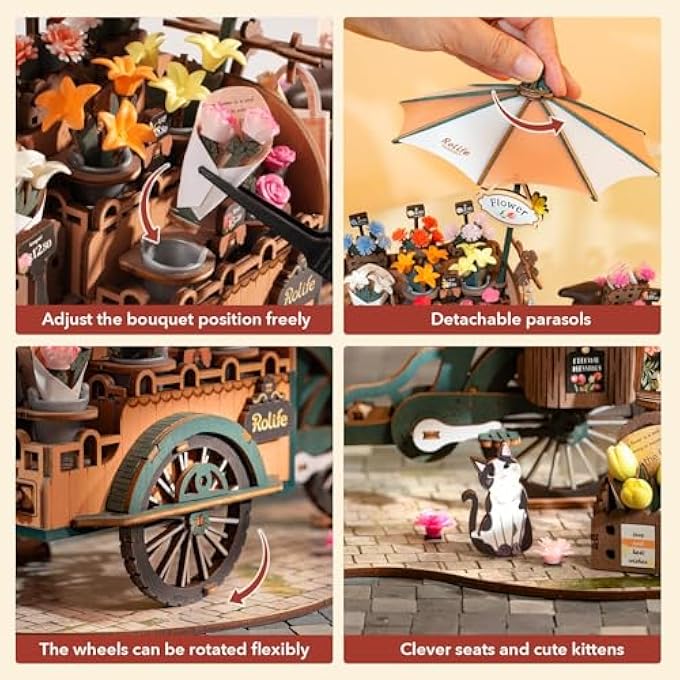 3D WOODEN PUZZLES FOR ADULTS, MODEL BUILDING KIT FLOWER CART TO BUILD, FUN CONSTRUCTION PROJECTS BRAIN TEASER, ARTS CRAFTS COLLECTIBLE HANDCRAFT DESK DECOR CHIRSTMAS GIFTS FOR FAMILY TEENS - Image 4